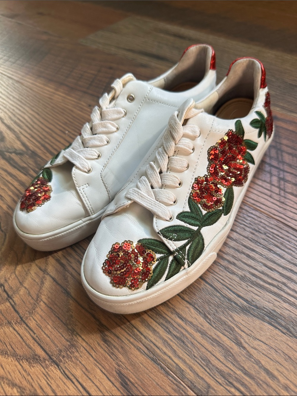 INC International Concepts White Sneakers with Red Sequin Floral Embroidery